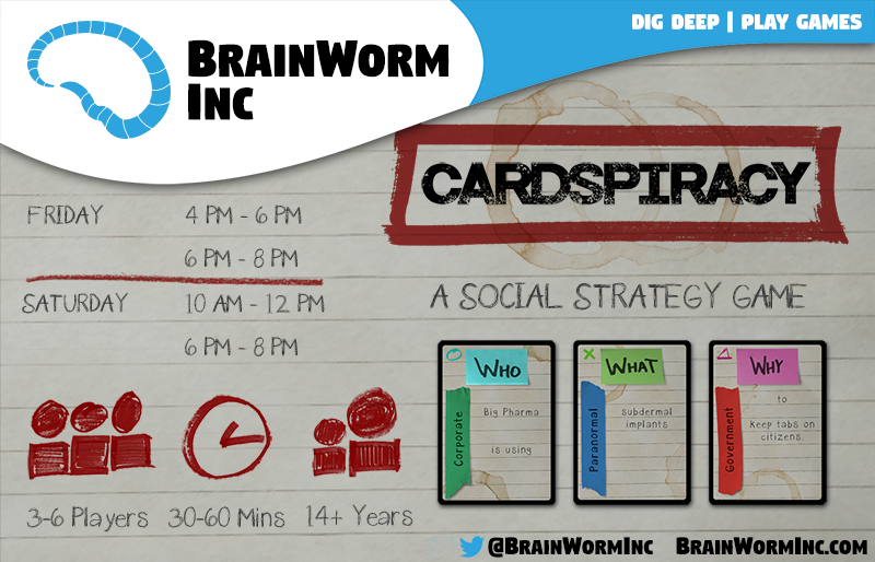 We've got our TV Poster for #Cardspiracy all finished for outside of the First Exposure Playtest Hall.

Stop by to take part in the #playtesting process with us or any of the other great designers who will be there!

#FEPH2018
#GenCon
#boardgames
<a href="/BrainWormInc/">BrainWorm Inc</a>