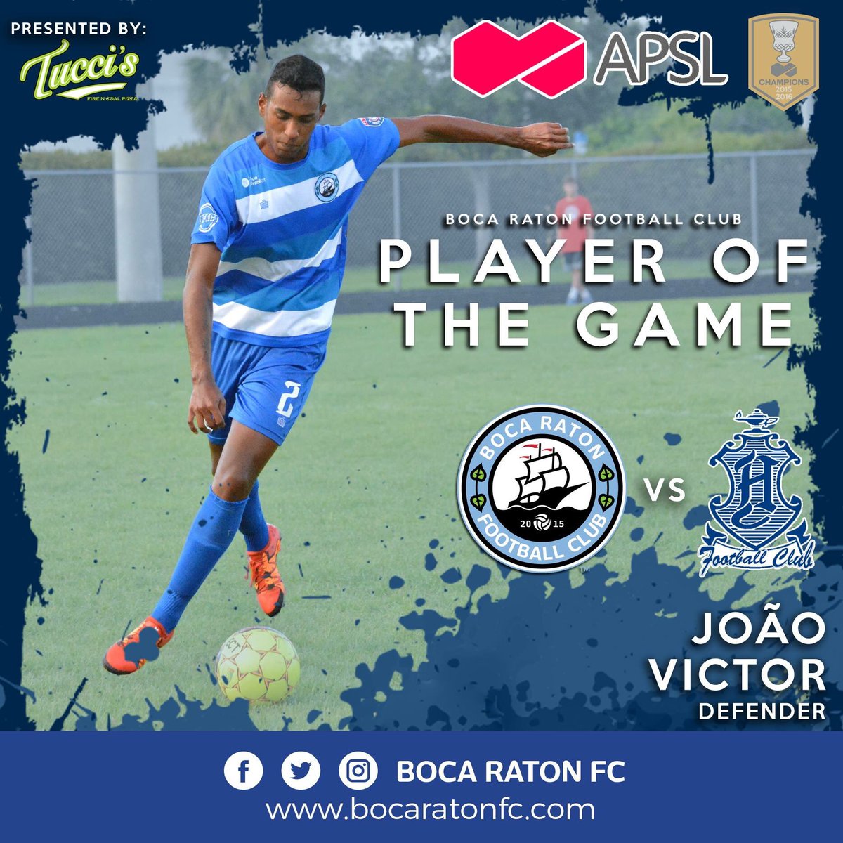BocaRatonFC's tweet photo. #BocaNation, your @Tuccispizza #PlayerOfTheGame is João Victor! Hit that ❤️ to congratulate our defender! #bocanation #bocaratonfc #letsgoboca #apslsoccer https://t.co/7YVDDbCvAV