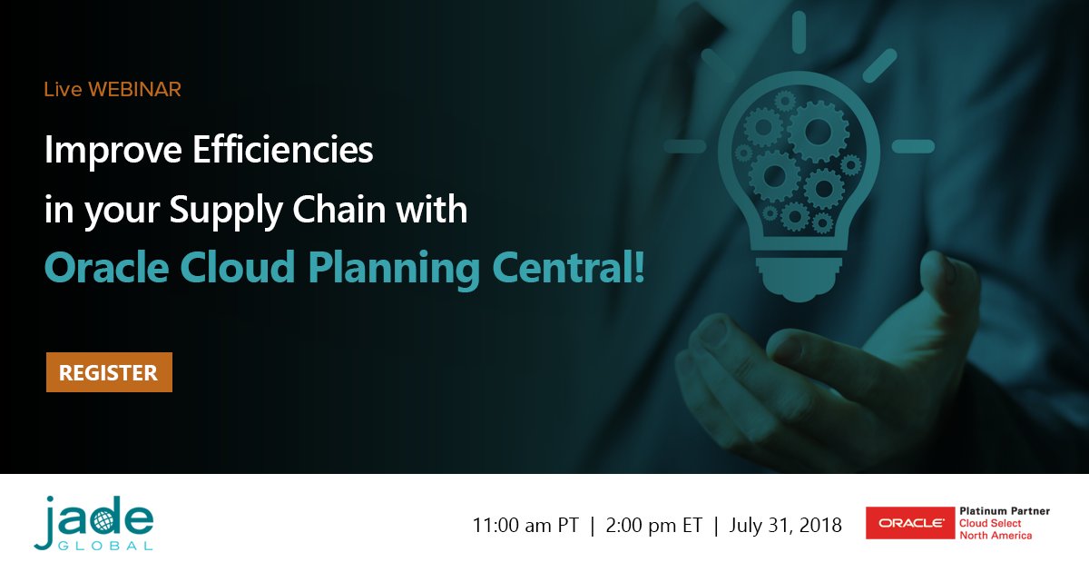 JadeGlobal's tweet image. Last chance to Register! See how you can improve operational efficiencies in your Supply Chain with Oracle Cloud Planning Central! 
bit.ly/2OczxxB  #SCM #supplychain #Oracleplanning @OracleCloud @supplychain