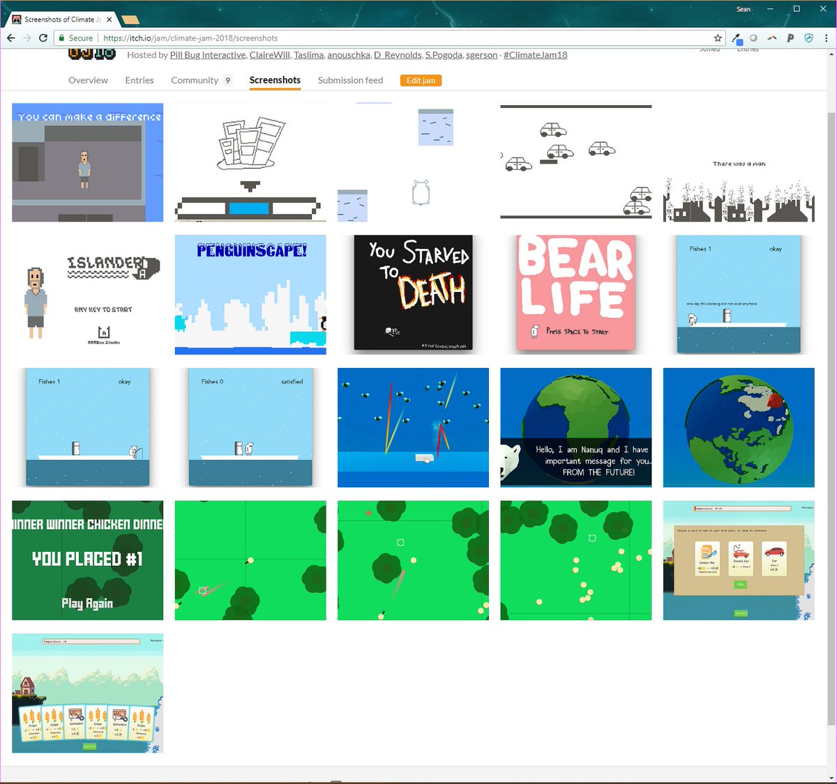DrSeanWalton's tweet photo. great to see the @ClimateJam18 submissions coming in! #ClimateJam18

Keep an eye on the submission feed!!

https://t.co/Ndbk5gzDWl

#gamedev #climatechange https://t.co/bSgko72HVK