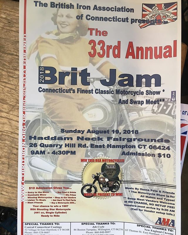 NovaMotorcycles's tweet photo. Next for #mondayfunday, Brit Jam! The CT BIA is once again holding their annual Brit bike show, swap meet, concert and get together known as #britjam in just a few short weeks. In true form they are giving away an English motorcycle as a door prize, as they somehow manage to… https://t.co/V5p3qHxqXi