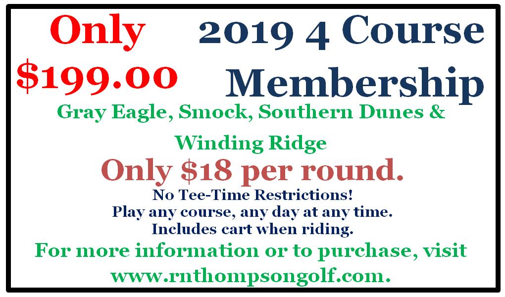 Our best membership program ever! 
Making golf affordable. 
Pay $18.00 each time you play any time. No tee time restrictions and this includes your cart. Buy now and get the rest of 2018 included. 
Guests of members pay just $30.00. 
Go to rnthompsongolf.com to purchase.