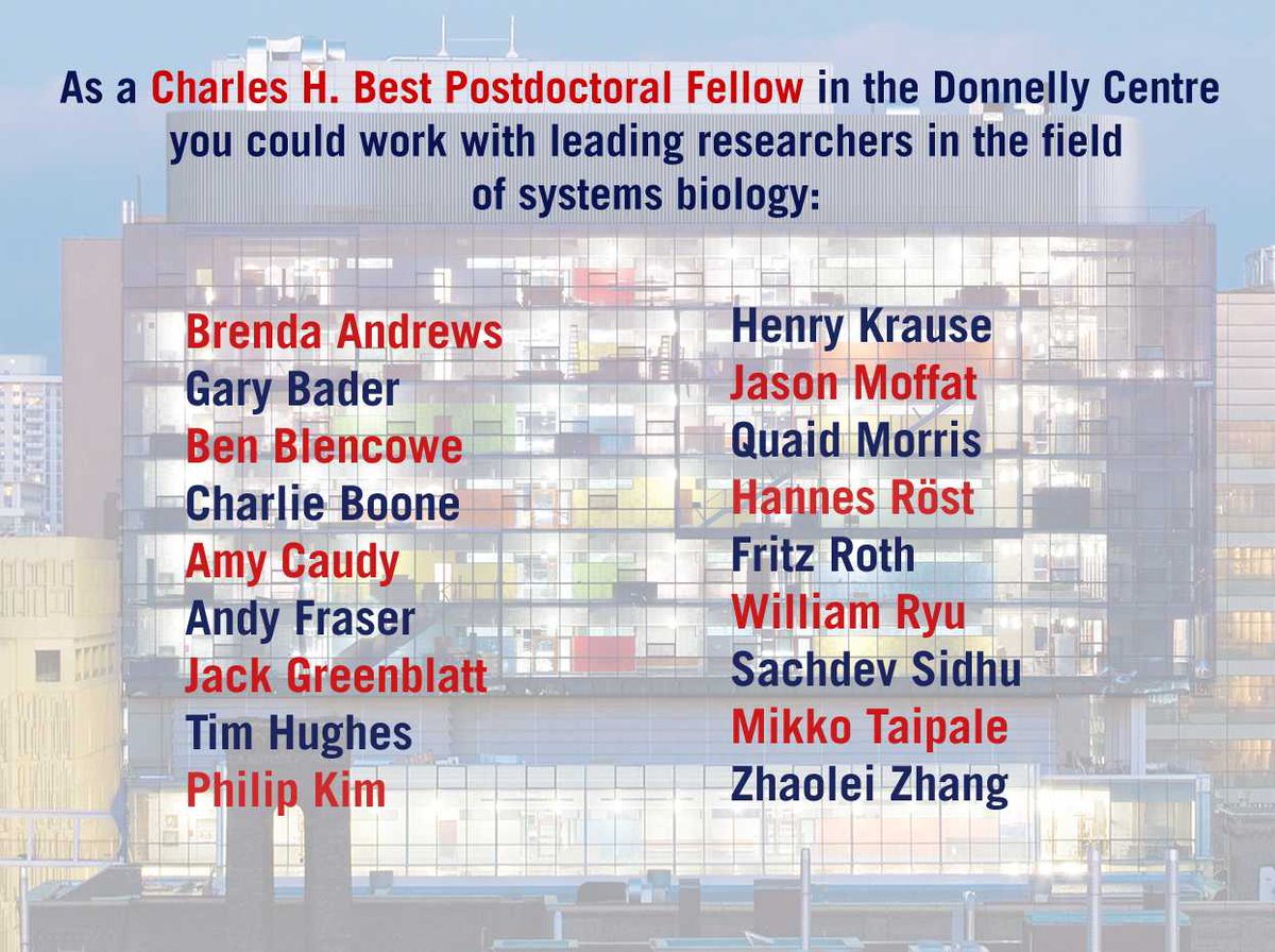 DonnellyCentre's tweet image. #CharlesHBest postdoctoral fellowship applications are due next Monday, August 7, 2018. If you haven&apos;t applied already hurry up! 
You could work with one of our PIs at the cutting edge of #systemsbio bit.ly/CharlesBestFel…
