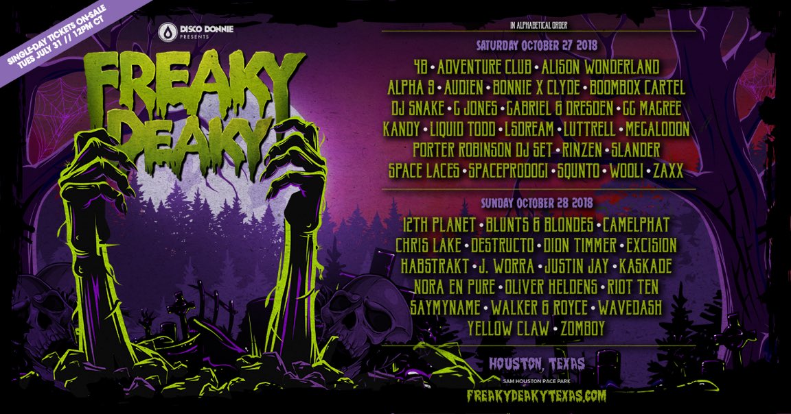Try this again with the days the artists are playing 😀😀😀😀😀Single Day tickets for <a href="/getfreakydeaky/">freakydeak</a> on sale Tuesday July 31 @ noon.  Blurred artist <a href="/justinjaymusic/">Justin Jay</a>.  Added  <a href="/spaceprodigi/">spaceprodigi</a> as well🔥🔥🔥🔥🔥
@DDPWorldwide #FreakyDeakyTX