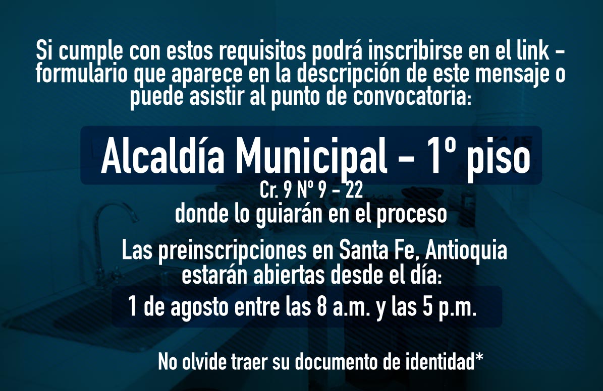 Se abren preinscripciones virtuales para mejoramiento de viviendas en Santa Fe de Antioquia. <a href="/ProsperidadCol/">Prosperidad Social</a>  del 1 al 3 de Agosto en el 1° Piso de la @AlcaldiaStaFe   te esperamos  <a href="/FeAntioquia/">Santa Fe de Antioquia</a>
