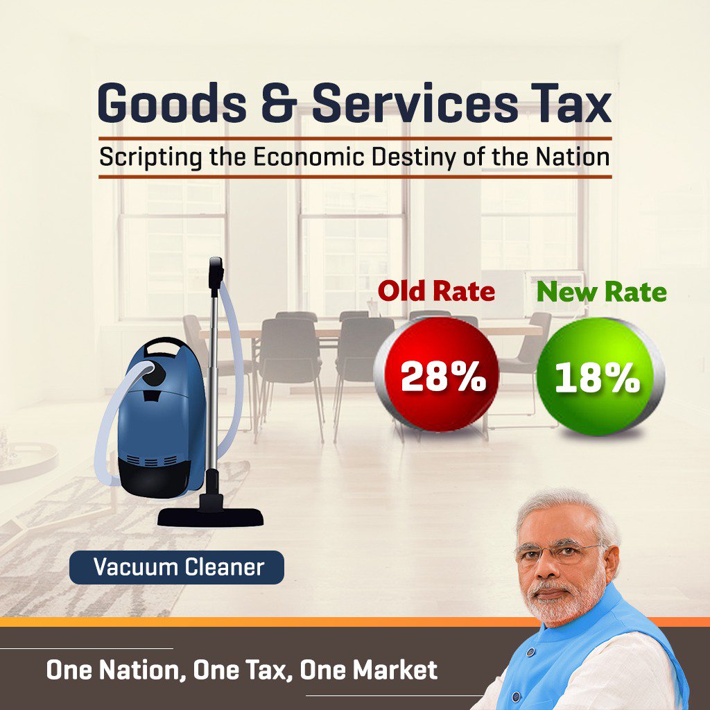 PiyushGoyal's tweet image. Govt. has reduced the tax rates on vacuum cleaner from 28% to 18%, making it affordable for middle class consumers.  #GoodandSimpleGST