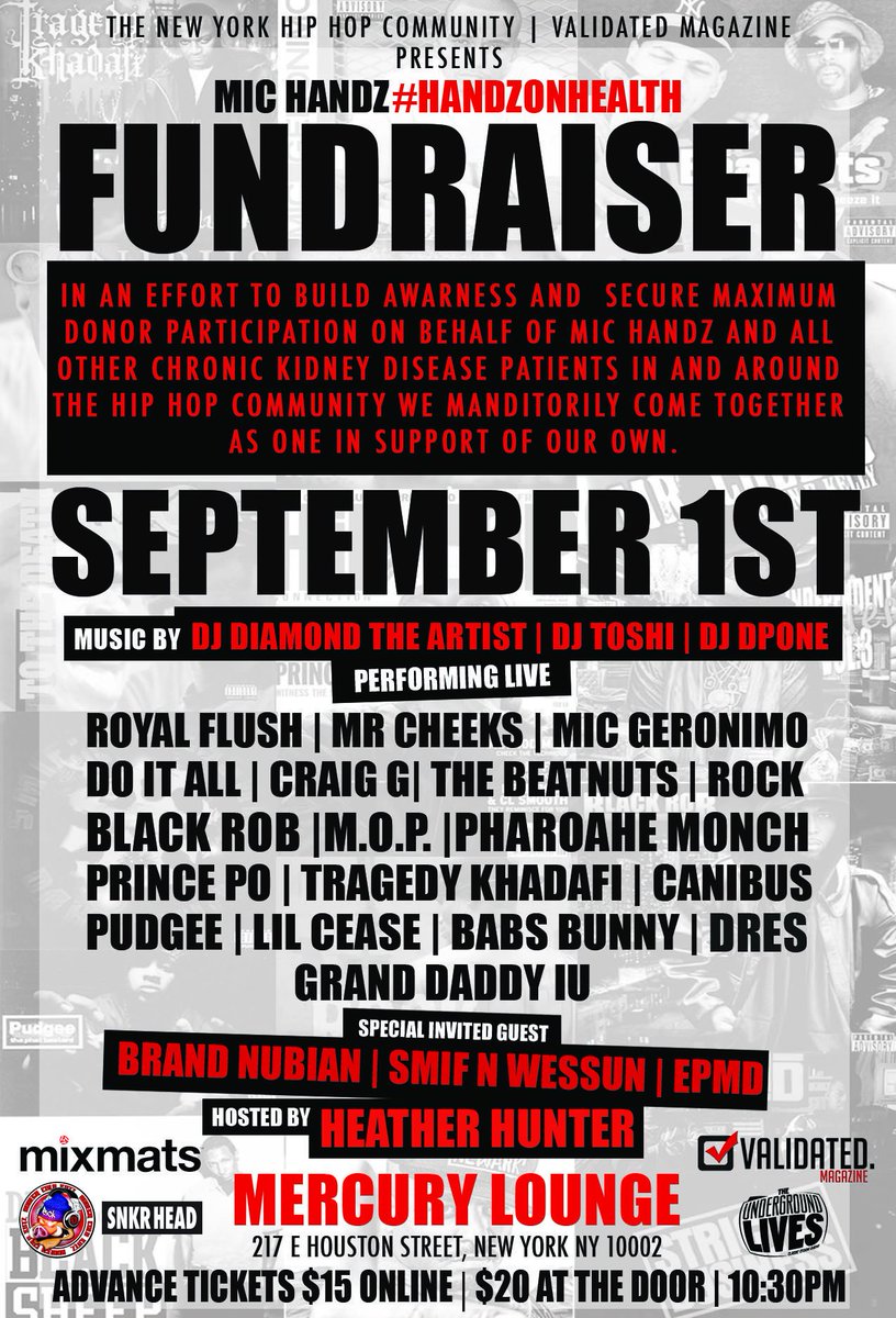 *JUST ANNOUNCED* 9/01 Mic Handz #HandzOnHealth Fundraiser @The_Beatnuts @TheRealBlackRob @BILLDANZEMOP @pharoahemonch @LilCease @RealRoyalFlush @MRCHEEKSLBFAM @realmicgeronimo @MC_Craig_G @Princepo @DaRealCanibus @PudgeeThaphat @brooklynbabs @GrandDaddyIU Tickets on sale 8/03!