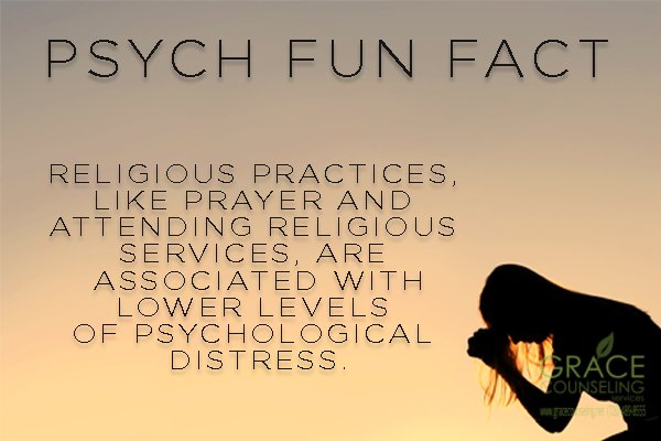 GraceCounseling's tweet image. Psych Fun Fact: Religious practices, like prayer and attending religious services, are associated with lower levels of psychological distress. #psychfunfact #funfacts #religiouspractices #prayer #mentalhealth #pray #counseling #christiancounseling #therapy #therapist #counselor