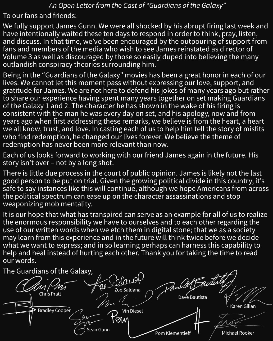 The Cast of Guardians of the Galaxy release statement expressing their full support for James Gunn who fell victim to the global Q phenomenon after he joked about the sad reality of pedogate