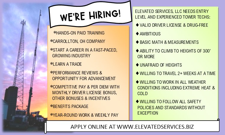 ElevatedServxs's tweet photo. We're hiring! Immediate Openings for Tower Climbers. Apply online at https://t.co/ljCUKLDtTJ https://t.co/r84hU3rOvQ