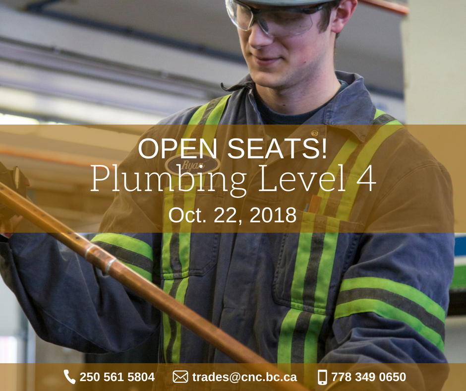 Registration is open for Plumbing Level 4! The Course runs from October 22 - December14, 2018. Contact us today! #mycnc #pipetrade #cityofpg