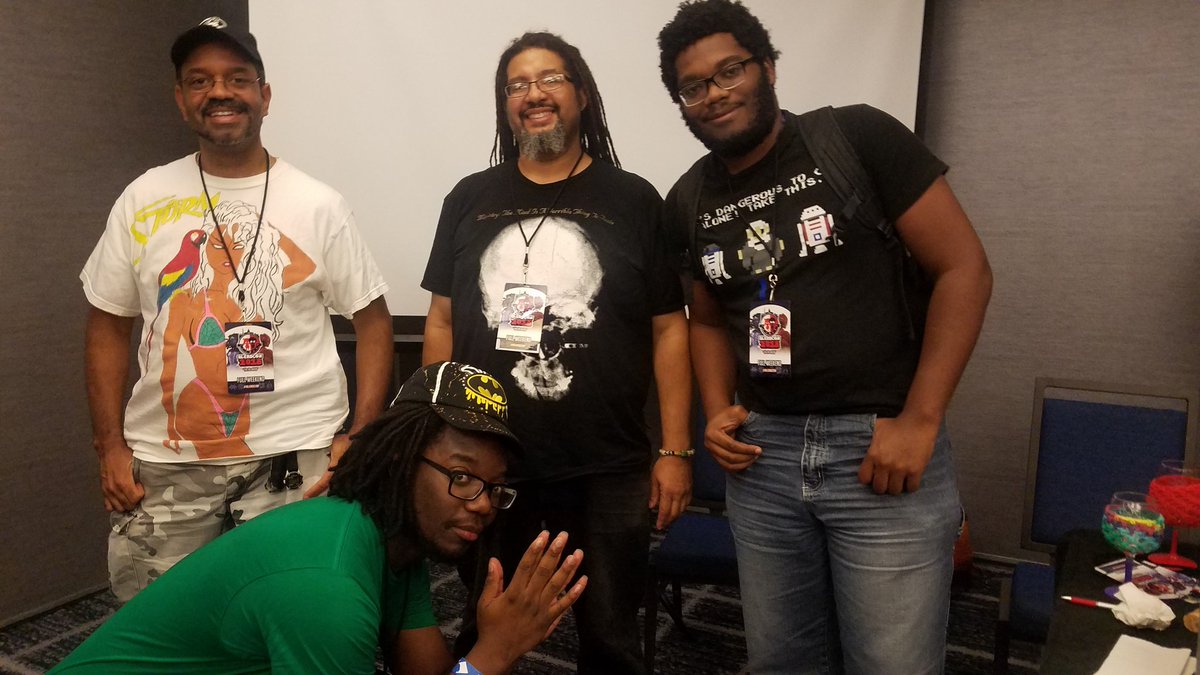 crochetkingpin's tweet image. Ok. I want to thank EVERYONE who came to the @blerdcon "Spoken Nerd" panel! Much love to our panelists - @AnitaTheLesbian @LBullockPoetry @notkosi and via phone @JasonReynolds83! This was an absolute joy. #thatpoetryhost #BlerdCon2018