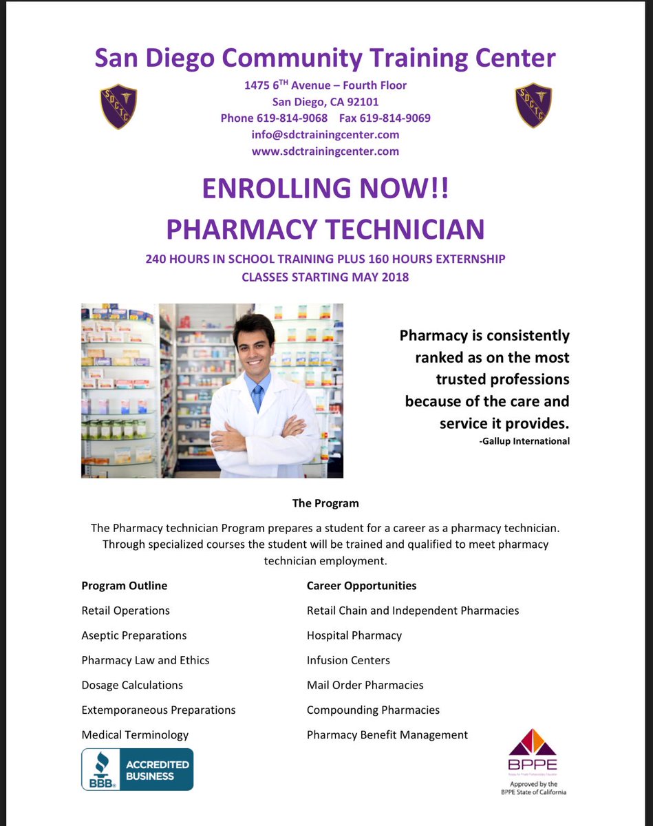 SDCTrainingctr's tweet photo. Enrolling Now! #education #scholarships #vocational #pharmacy #Technician https://t.co/EZtxXyni7U