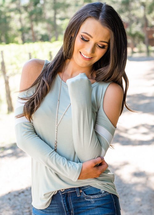 mvbshop's tweet photo. #GameChanger Varsity Stripe Cold Shoulder Top Sage https://t.co/GbleTMQwyJ #ShopMVB https://t.co/HEzOneimeU