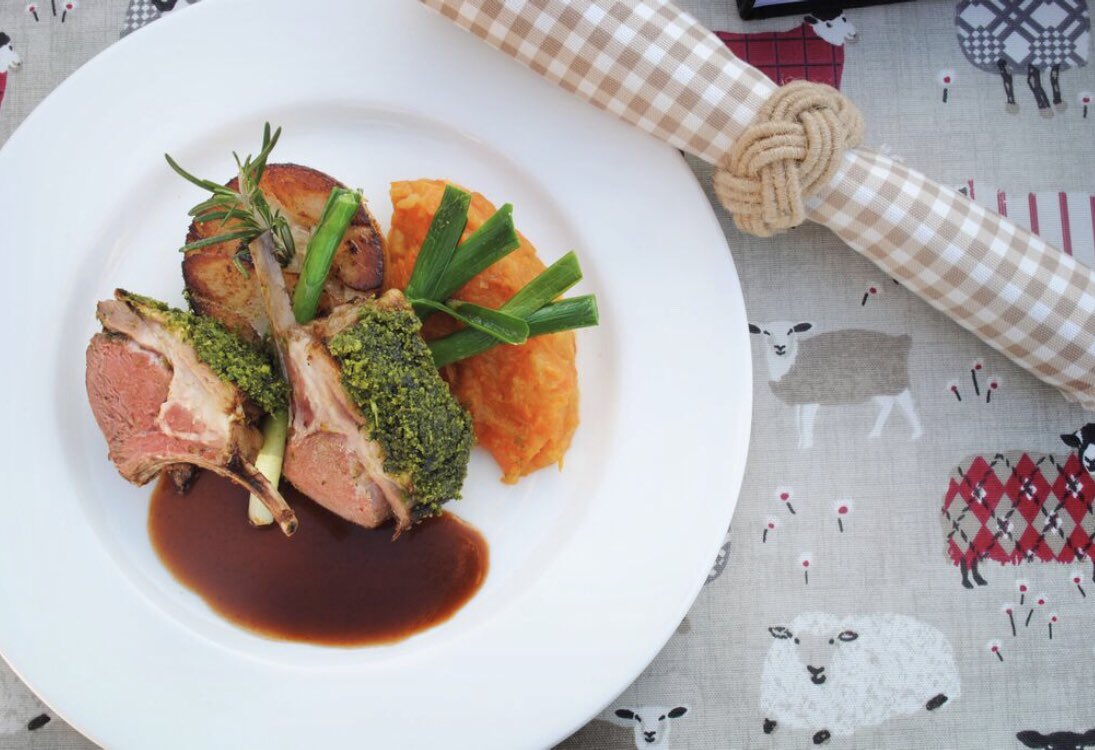 Our amazing main course from our ‘Best of British’ menu 6; Rack of Lamb baked with a Herb Crust Hot Pot Potatoes, Rosemary and Red Wine Jus, Three Root Mash and Baby Leeks