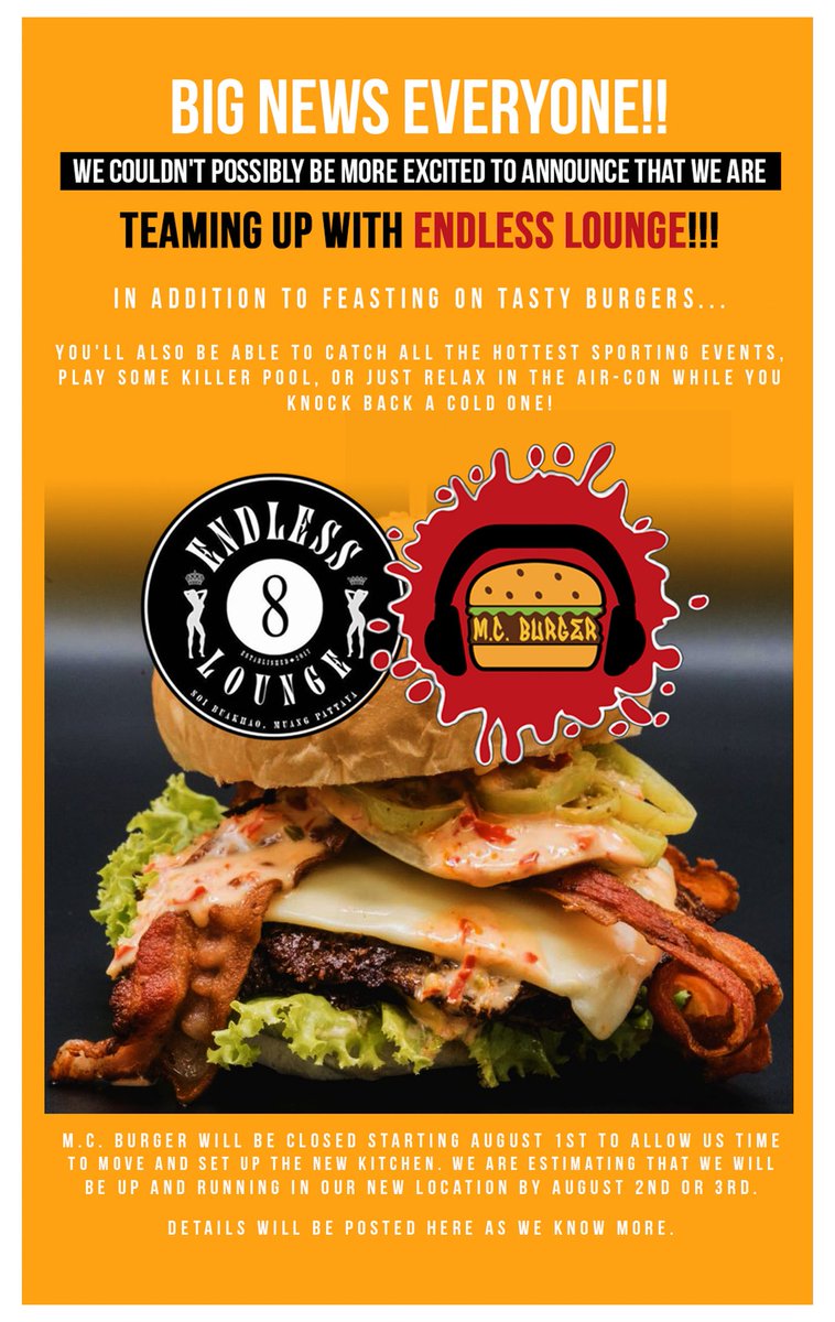 EndlessLounge's tweet photo. Some BIG NEWS!! We are teaming up with MC BURGER!! Soon you will be able to play pool, and chow down some amazing burgers 😜🍔🎱#Patttaya #Thailand #Travel https://t.co/h8J9QR3Fpq