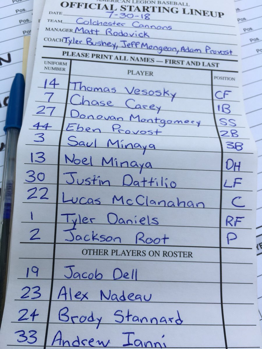ColchCannons_Vt's tweet photo. Starters (by way of nickname) against Post 91. First pitch coming at 4 pm #vtlegion https://t.co/3ac98YiIBf