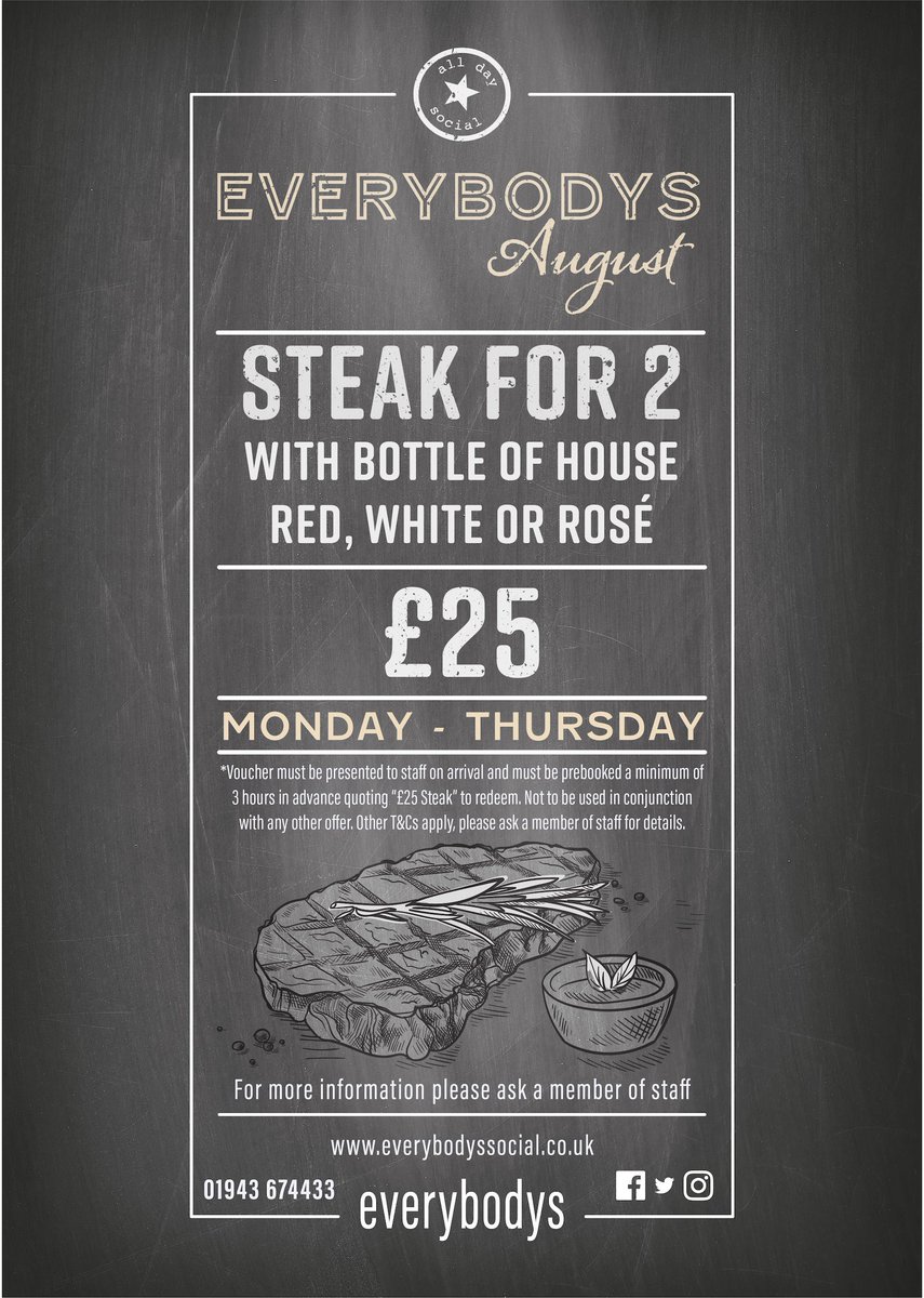 Sizzling, summer steak offer! #Steak for 2 with a bottle of house white, red or rose #wine in August for just £25! Book now on 01943 674433! (Must be pre-booked & a valid email/post/voucher shown on arrival)  #Guiseley #offers #summersteak #food #Foodies