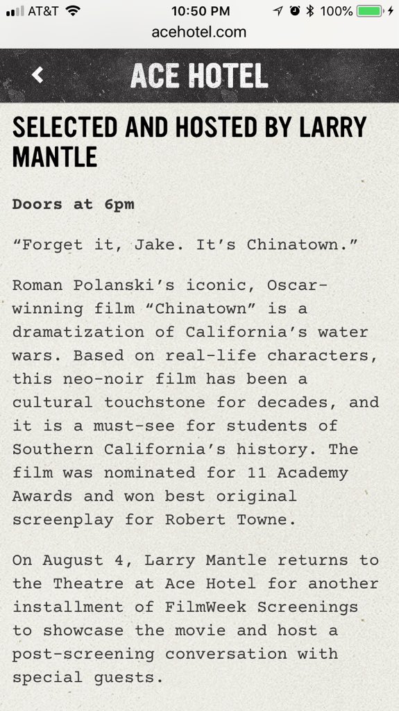 There’s a screening of CHINATOWN  Sat. Aug. 4th at ACE HOTEL L.A. <a href="/theatre_acedtla/">Theatre at Ace Hotel</a> acehotel.com/m/calendar/los… <a href="/acehotel/">Ace Hotel</a>