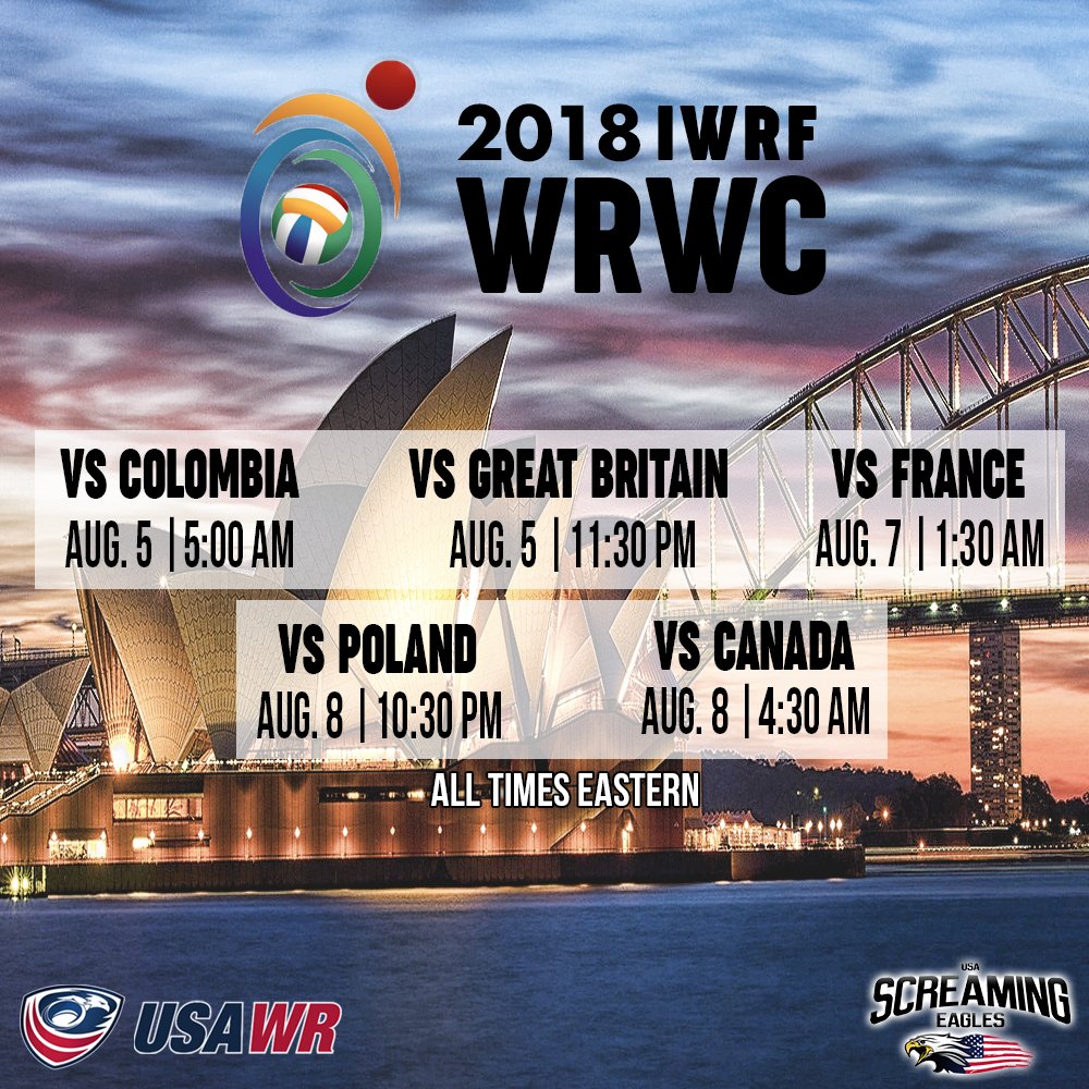 Screaming Eagles (@usaeaglesfans) on Twitter photo .<a href="/usawchrugby/">USA Wheelchair Rugby</a> is on their way to Australia for the 2018 IWRF Wheelchair Rugby World Championships! Screaming Eagles they need your support so make sure to set your alarms and cheer loud for these amazing athletes!
Broadcast information will be posted as soon as it is released. .<a href="/usawchrugby/">USA Wheelchair Rugby</a> is on their way to Australia for the 2018 IWRF Wheelchair Rugby World Championships! Screaming Eagles they need your support so make sure to set your alarms and cheer loud for these amazing athletes!
Broadcast information will be posted as soon as it is released.