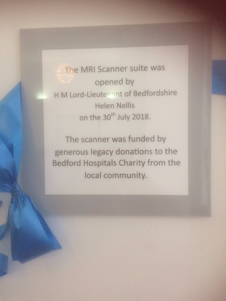 Bedford has a new MRI scanner funded by legacy donations to Bedford Hospitals Charity may the people of Bedford.  Hazel Hurst stands proudly with the new scanner.  The ribbon as cut by H.M. Lord Lieutenant of Bedfordshire Mrs Helen Nellis.