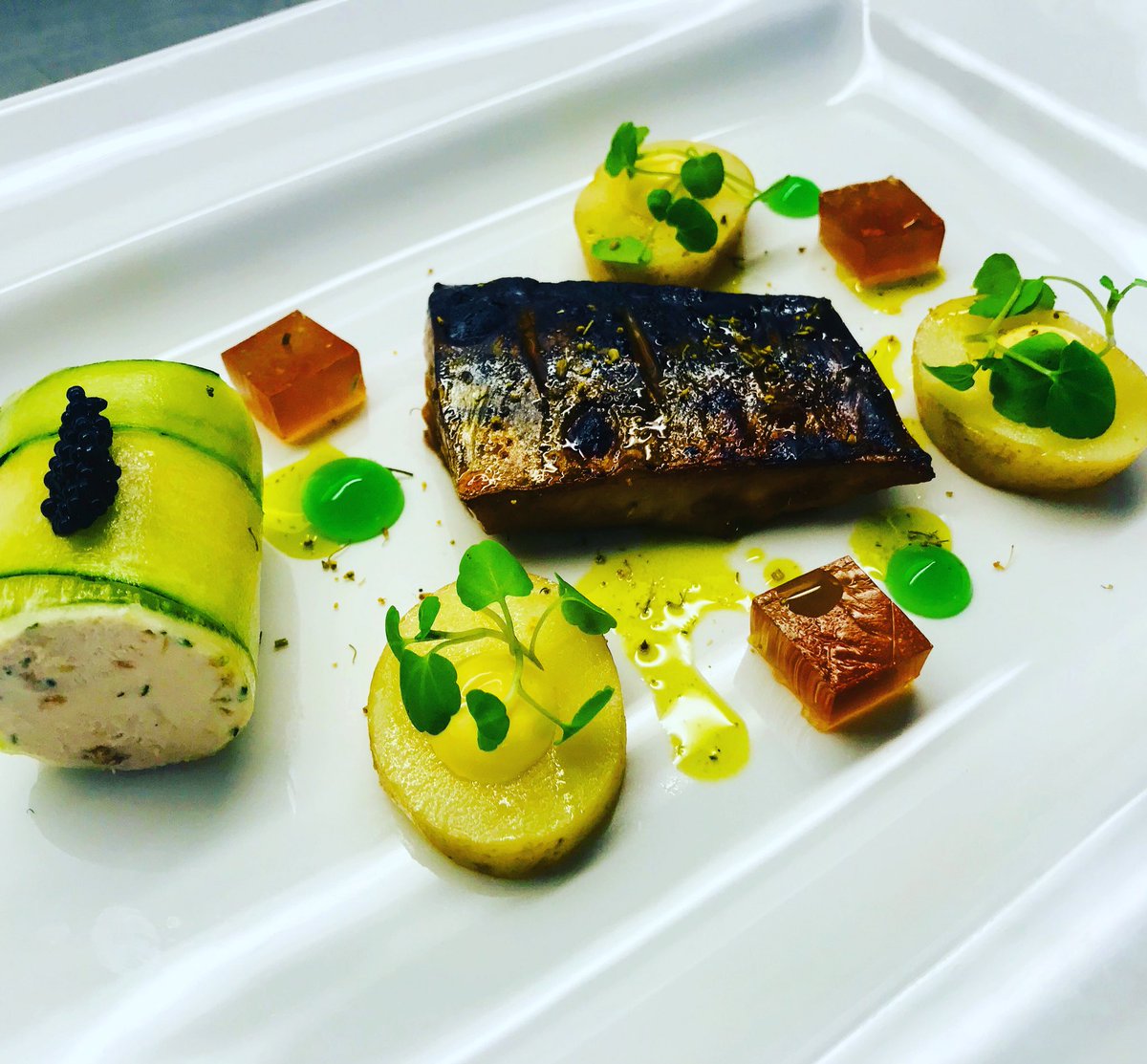 ArmathwaiteChef's tweet photo. Teriyaki mackerel, bacon jelly, potato salad, watercress @steele_simon @armathwaitehall @NeilStuartHogg1 @myfishcompany @pobhotels @Caterite_Food @LDHotels https://t.co/QSZ3bA0uYO