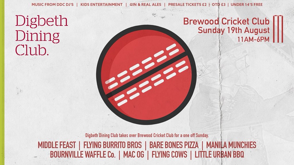 BrewoodCricket's tweet photo. Join us for another cracking delivery from @DigbethDiner on 19/08
Featuring: #MacOG @flyingcows_food @themidfeast @flyburritobros @barebonespizza @ManilaMunchies @Wafflespeak @LittleUrbanBBQ 
Inside &amp; outside bar plus @BrewoodCricket Gin Bar
Music 🎧 from DDC Djs https://t.co/xJxhvVBr5N