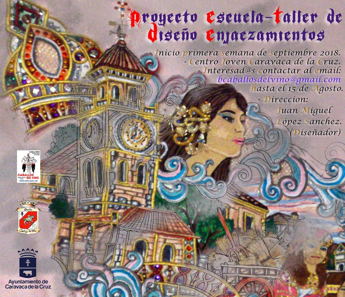 Escuela-Taller de diseño enjaezamientos.
El <a href="/AytodeCaravaca/">Ayuntamiento de Caravaca</a>, el Bando de los <a href="/caballosdelvino/">Caballos del Vino</a> y el diseñador <a href="/juanmi077/">Juan Miguel López</a> ponen en marcha el taller de diseño de enjaezamientos.
Inscripciones: bcaballosdelvino@gmail.com hasta el 15 agosto.
#FiestasCaravaca
#CaballosdelVinoUNESCO