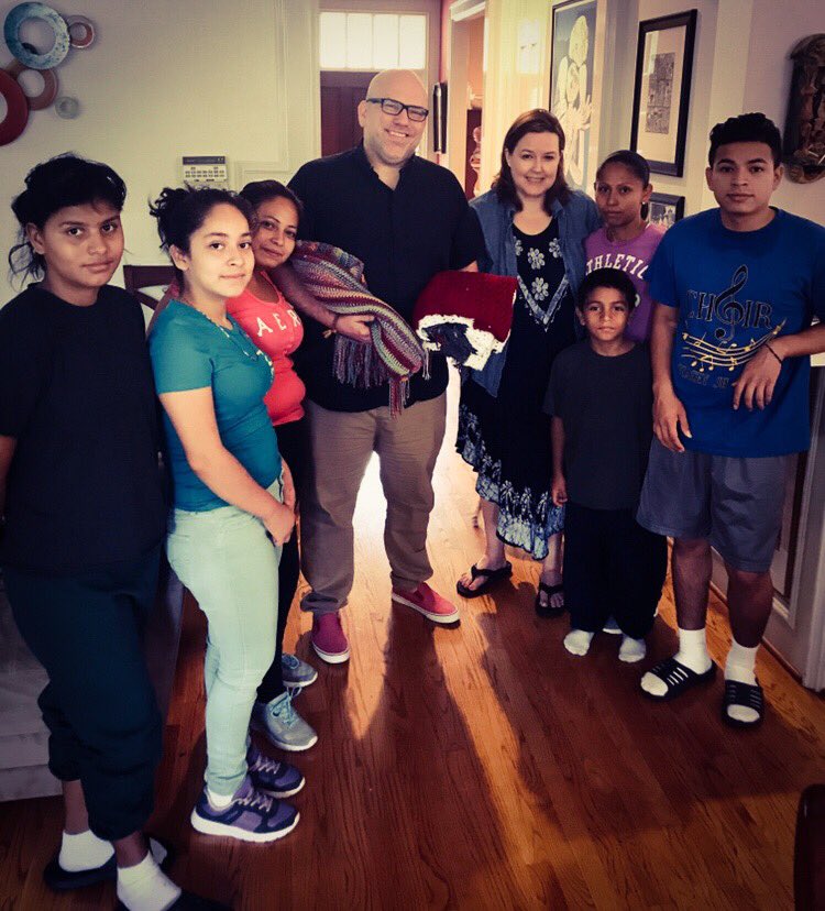 TJPriest's tweet photo. What an honor and privilege it was to be able to give prayer shawls from St Margaret’s to our Salvadoran friends and to bless each person and give thanks to God for their safety after a 7.5 month journey to the United States. #EpiscopalChurch #JesusMovement #edola https://t.co/l2rtSz0AjT