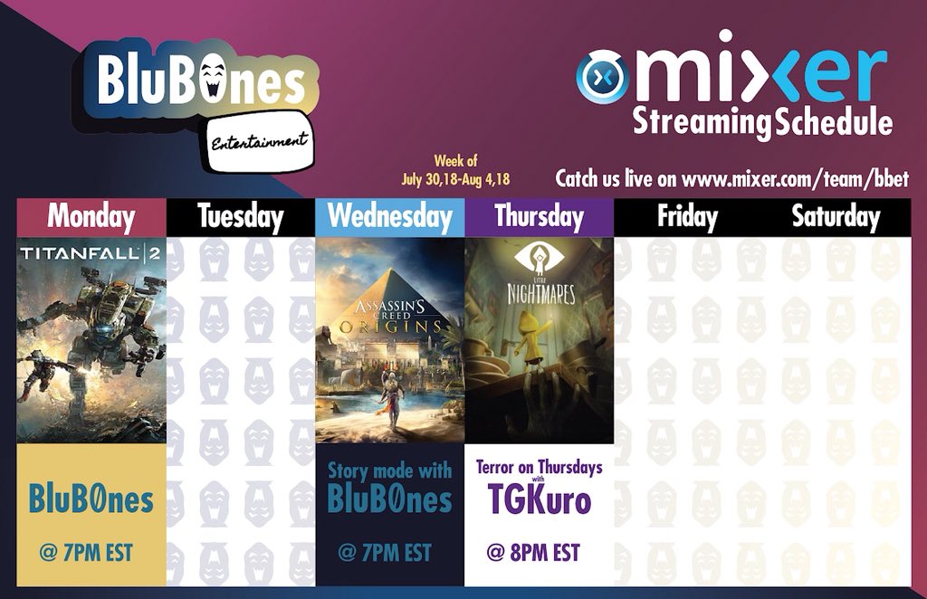 shaberrywaffles's tweet photo. The #PWBB has their new weekly streaming schedule up for this week! 🙌🏾 Tonight, join @blub0nes as he plays #Titanfall2 @ 7PM EST via @WatchMixer. Come thru and say Hello and hit that subscribe button! 
▶️https://t.co/JHhLwuFkZv ◀️
#pwbb #mixerstreamer #blerd #gaming #tf2 https://t.co/03ZnzWVtP6