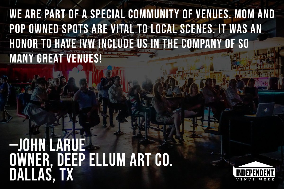 IVW_US's tweet photo. Independent venues all over the country are indeed part of a very special community! We thank @DeepEllumArtCo for the kind wordsโand for helping us make #IVW18 special! Here's how to get involved in #IVW19: https://t.co/s5jU0FEnAD https://t.co/vBJk04ZD5h