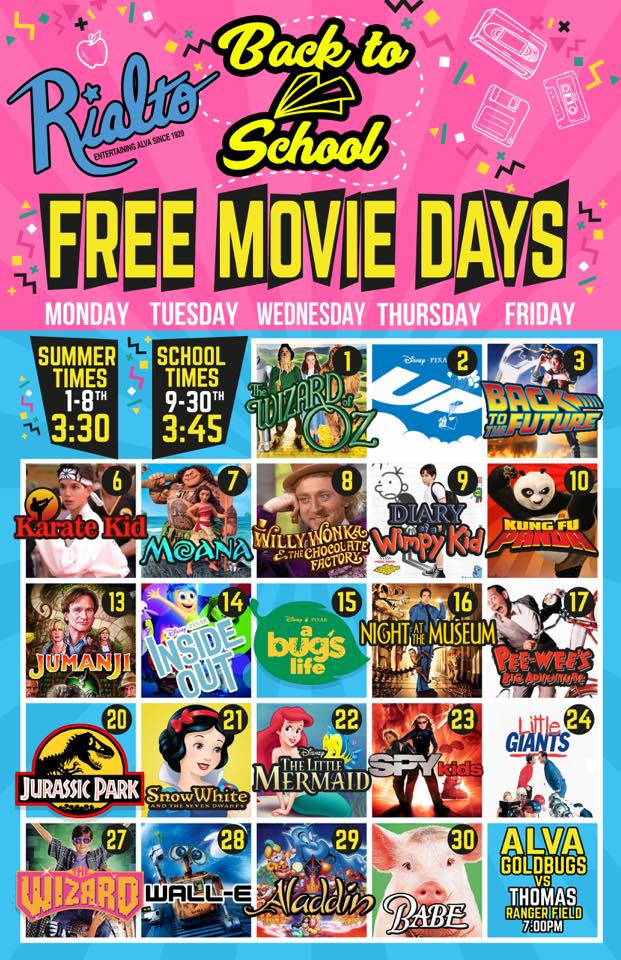 VisitAlvaOK's tweet photo. Free movie days continue in August at the Rialto Cinema. 22 family-friendly movies for FREE! Which one are you most excited about seeing? https://t.co/JPbP2qkPDu
