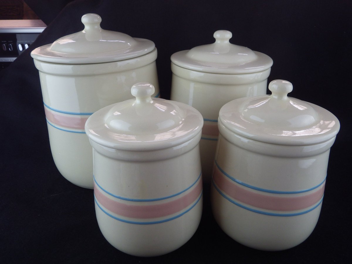 McCoy Pottery Lancaster Colony Company Storage Canister Set Pink and Blue Stripe on Neutral Background etsy.me/2M0u3o5 #McCoy#McCoyPottery #kitchen #kitchenstorage #cansiter #countrykitchen #retrodining #kitchenwares #americanpottery #Lancastercolony