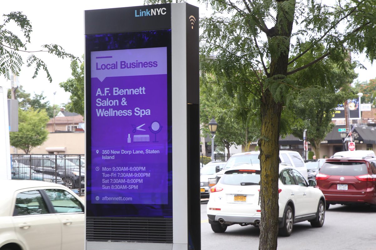 NYCOfficeofTech's tweet image. #LinkLocal gives small businesses a leg up with free ads on @LinkNYC kiosks. Last week we partnered with @AFBSalonAndSpa #onStatenIsland – check them out! @siedc @explorenewdorp @StevenMatteo #NewDorpBID #ShopNewDorp