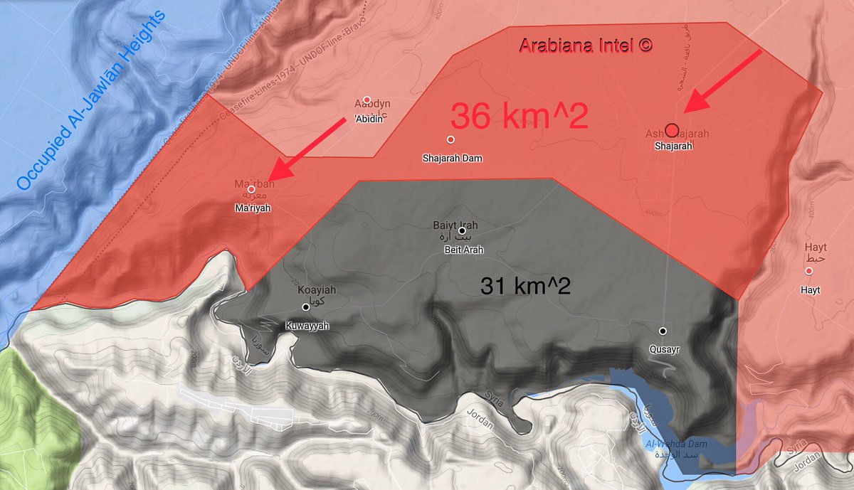 AlMasdarDeutsch's tweet photo. #SAA erobert Shajarah und die strategische Stadt Ma'ariyah und hat die Grenze mit #Jordanien erreicht & das #Yarmouk Tal und dessen Fluss. Das vom #ISIS-gehaltene Gebiet wurde nun von der syrischen Armee entlang der besetzten Golanhöhen abgeschnitten. #OpBasalt #Daraa #Syrien https://t.co/2OtCR9xYpS