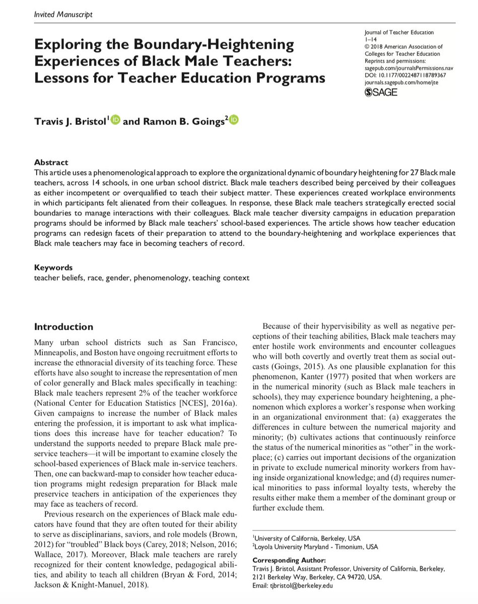 Travis J. Bristol (@travisjbristol) on Twitter photo My NEW co-pub w/ <a href="/RamonGoings/">Dr. Ramon Goings</a> in .<a href="/AACTE/">AACTE</a>'s Journal of Teacher Education. We explore the organizational dynamic of boundary heightening for 27 Black male teachers, across 14 schools, in one urban school district. And, my first .@BerkeleyGse publication!
journals.sagepub.com/eprint/ZCv5FBK… My NEW co-pub w/ <a href="/RamonGoings/">Dr. Ramon Goings</a> in .<a href="/AACTE/">AACTE</a>'s Journal of Teacher Education. We explore the organizational dynamic of boundary heightening for 27 Black male teachers, across 14 schools, in one urban school district. And, my first .@BerkeleyGse publication!
journals.sagepub.com/eprint/ZCv5FBK…
