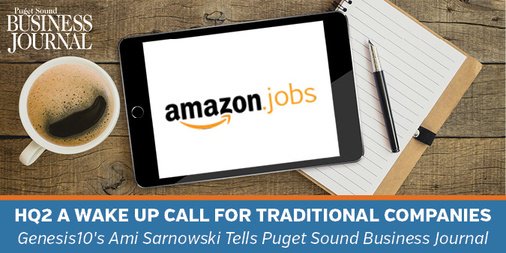 Genesis10Corp's tweet image. In cities on Amazon&apos;s shortlist for HQ2, traditional companies need to pay attention to their workforce strategy &amp;amp; talent acquisition strategy, Ami Sarnowski @Genesis10Corp, tells the @PSBJ: bit.ly/2KavpLc #AmazonHQ2 #TechTalentShortage #WorkforceStrategy #CIO #Seattle