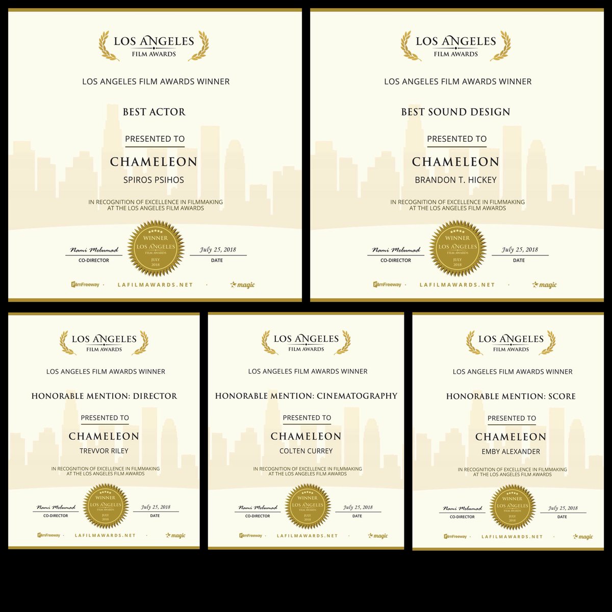 Proud to announce Chameleon won 5 awards at the <a href="/lafilmawards/">LA Film Awards</a> <a href="/TrevvorRiley/">Trevvor Riley</a> <a href="/EmbyAlexander/">Emby Alexander</a> <a href="/brandonthickey/">Brandon T. Hickey</a> #lafa #awardwinner #filmfestival #bestactor #bestscore #bestdirector #bestsounddesign #bestcinematography #chameleonfilm #losangels