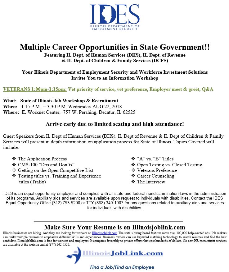 Illinois Dhs On Twitter Join Idhs Ides Idor And Dcfs At The State Of Illinois Job Workshop Recruitment Event On Wednesday August 22 From 1 15 3 30 P M At The Illinois