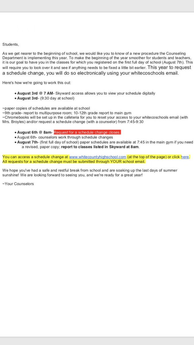 WCSDirector's tweet photo. Students, check this information about schedules and requests for changes. Remember, they must be legitimate requests, done by August 6 at 8 am (no exceptions or excuses), and done through your school email. PLEASE READ AND SHARE! https://t.co/rN2Zzuev43