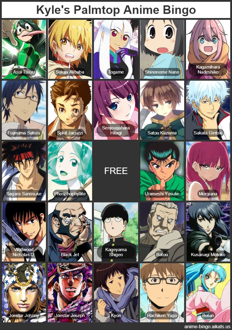 PalmtopPodcast's tweet photo. Anime Character Bingo! Here are Alex and Kyle's grids. https://t.co/bqIIw0sKPE