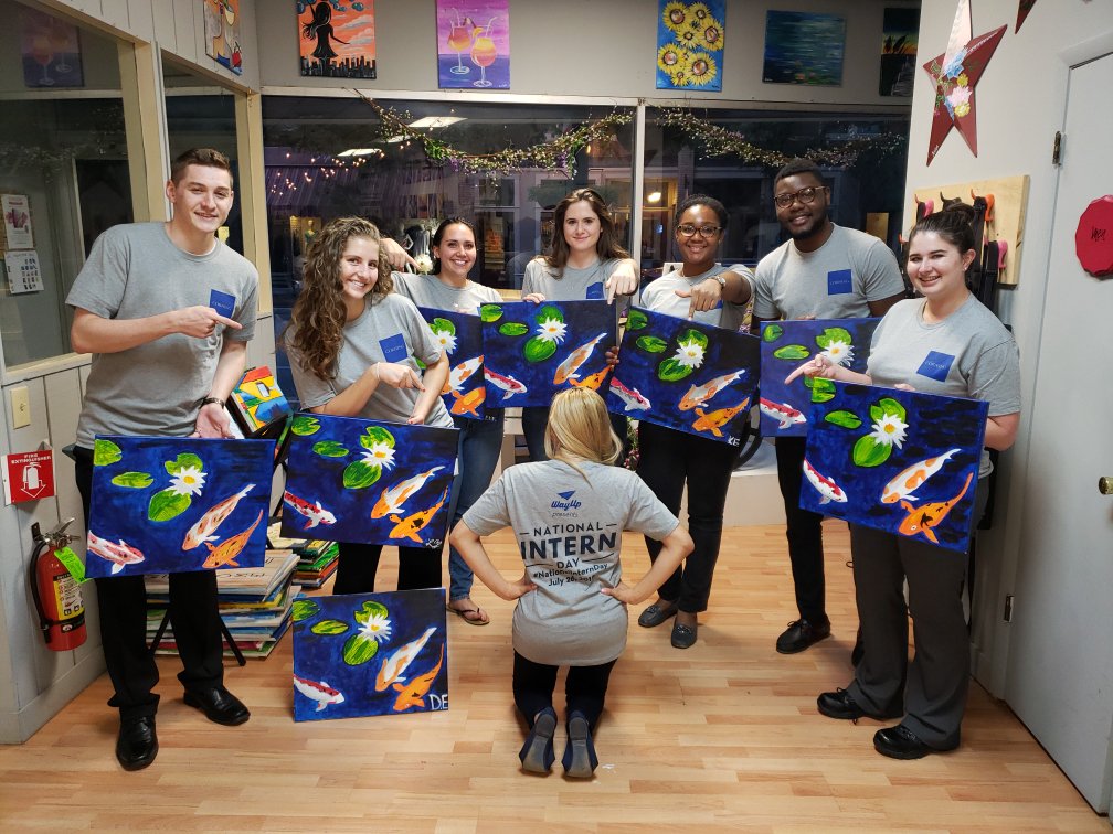 CorningTalent's tweet photo. How did you celebrate #NationalInternDay last week? Here's one of our favorite pictures of #CorningInterns getting artistic at Wine &amp; Design! 🎨 https://t.co/ID9JbYN0Fi