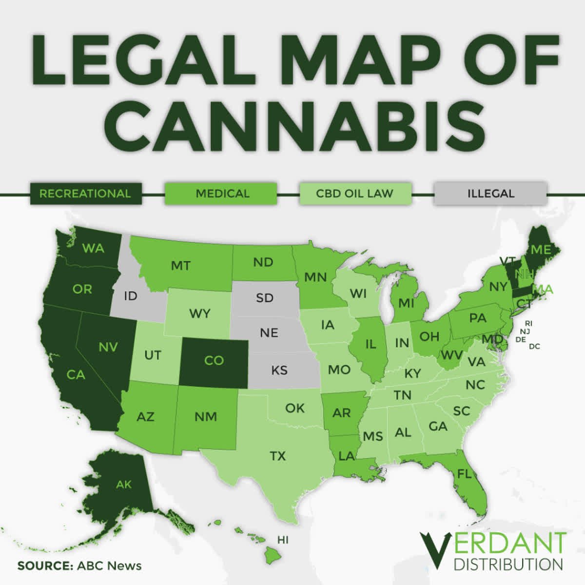 VerdantDistro's tweet photo. This map is getting greener every day #legalizecannabis https://t.co/VqYNtcV2mK