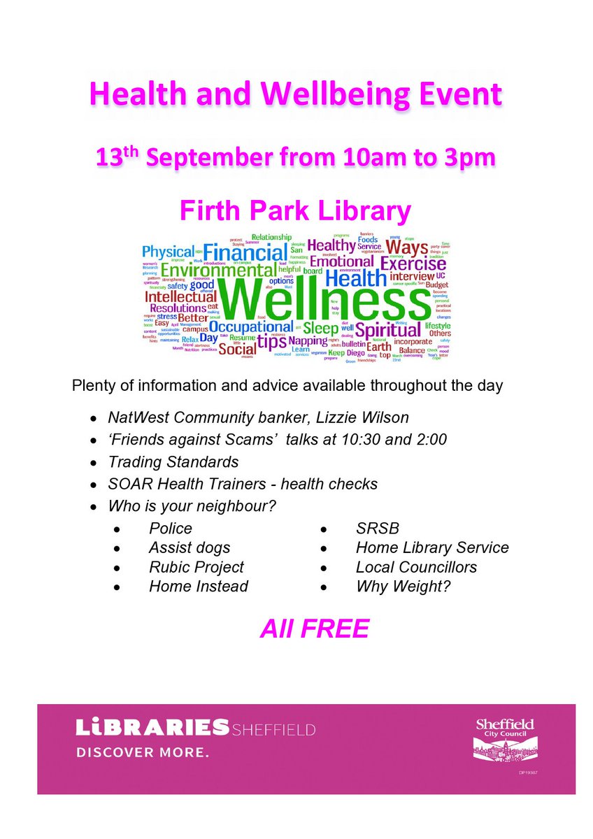 FirthParkCF's tweet photo. Upcoming Health and Wellbeing event at the library a date for your diary folks! @FirthParkAcad @FirthParkAllot @firthparkfest @FParkSurgery @SheffNE_NHP @SRSBCharity @soarcommunity @FoFirthPark https://t.co/w2e731oJEF