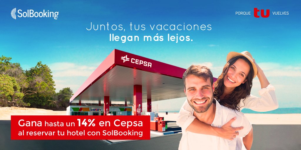 solbooking's tweet photo. Como buenos #SolBookers, siempre queremos darte más. ¡Ahora puedes conseguir hasta el 14% del importe de tu reserva en saldo para @Cepsa_ES! https://t.co/TZFLFOWRQX https://t.co/9JsmeoiZOW