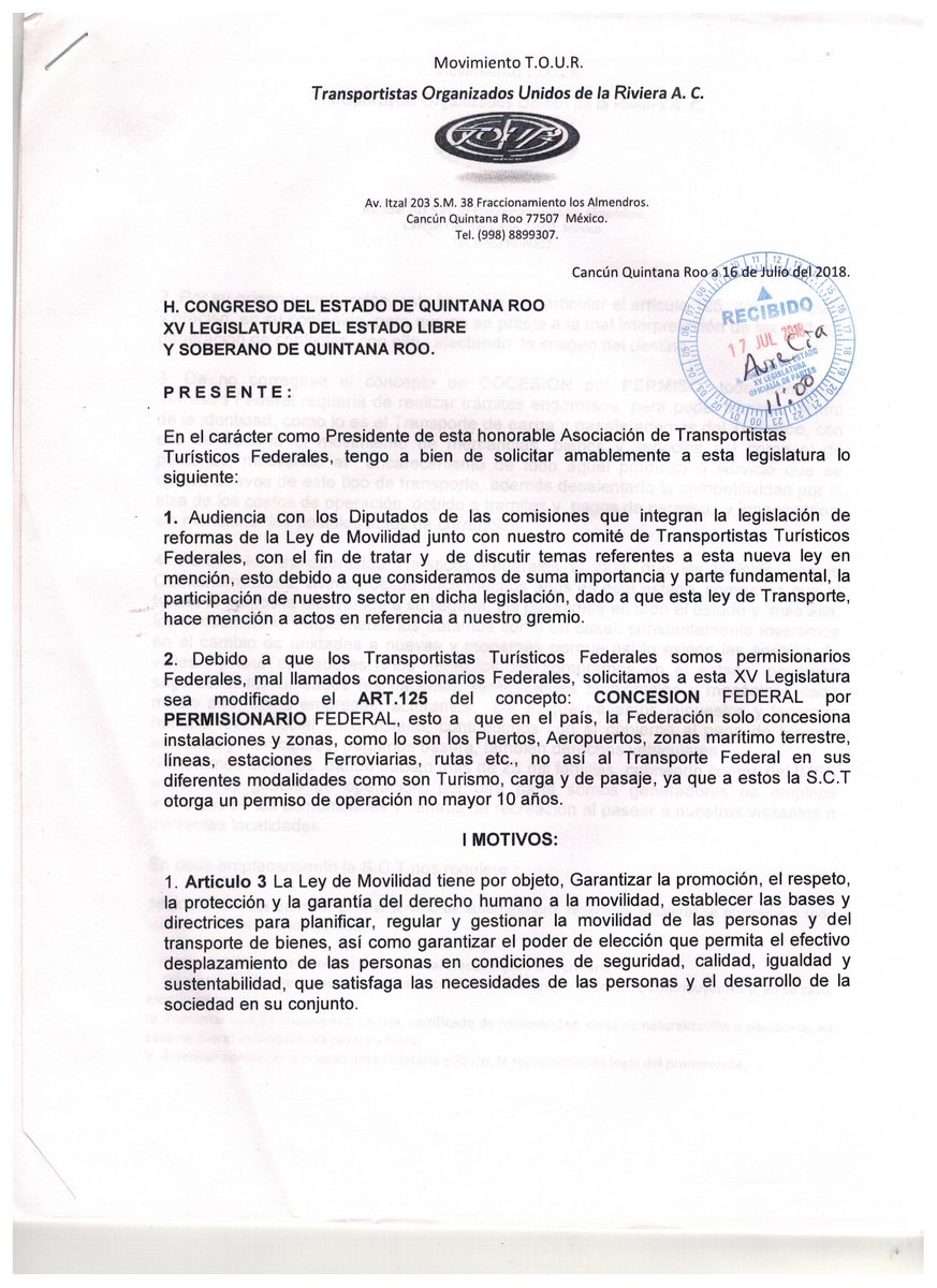 movimientoTOUR's tweet photo. A casi 15 días de exponer nuestra solicitud al @CongresoQRoo de modificación al Art.125, así  también, nos permitan participar como lo hicieron con los gremios taxistas, en decisiones importantes de legislación a la #leydemovilidad Aun no escuchamos los voces,esas de piso parejo. https://t.co/ye13H0Odir