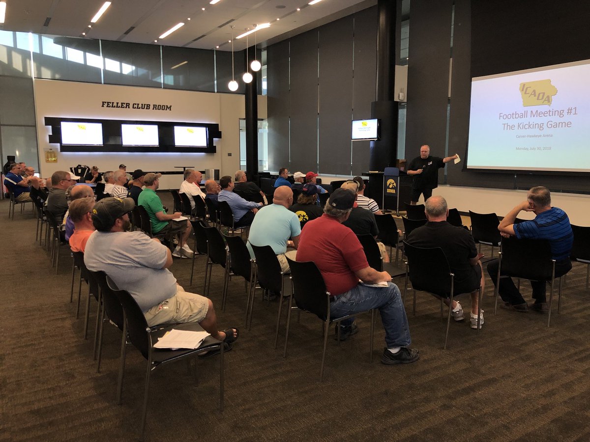 Bill Jacobson leading a discussion on the kicking game at the first Iowa City Athletic Officials Association meeting. Good turnout, but we could use some new faces! Join us August 9, 6:45 at the Kinnick Press Box for our second meeting! #sayyestoofficiating #icaoa #naso #iahsfb