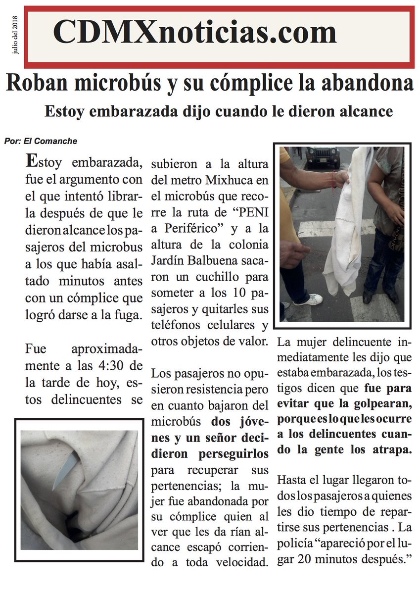 ESTOY EMBARAZADA DIJO DELINCUENTE PARA EVITAR SER GOLPEADA
Roban microbús y su cómplice la abandona
..subieron a la altura de metro Mixhuca en microbús de la ruta de “PENI a Periférico” y a la altura de la colonia Jardín Balbuena sacaron un cuchillo...

facebook.com/profile.php?id…