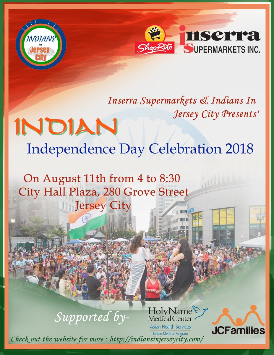 Join the Indians in Jersey City /NJ for their 4th Annual Independence day celebration at City Hall Plaza on Aug 11th (4:00-8:30 pm).
Event details here:  indiansinjerseycity.com/event/annual-i…