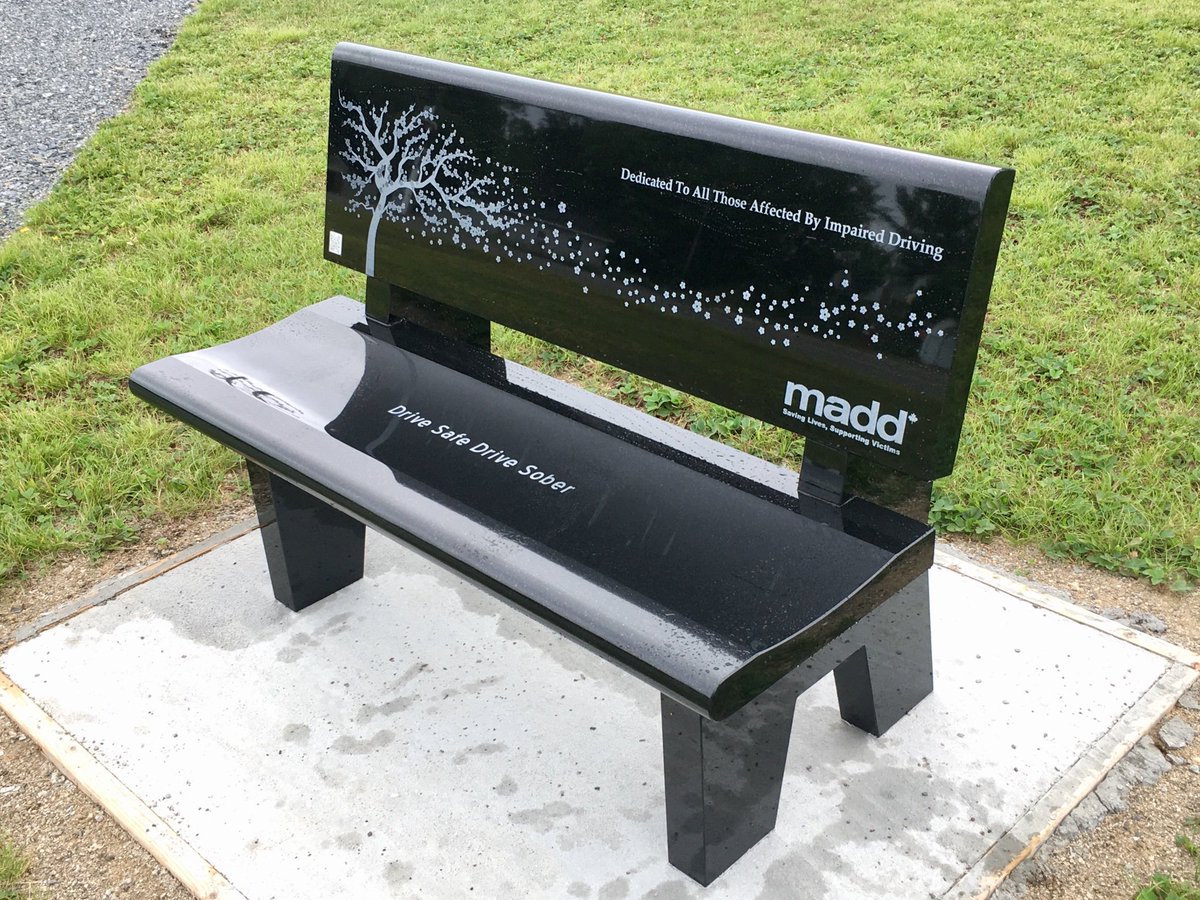 MADDFredericton's tweet photo. Our Chapter’s newest granite bench (5th one) has been placed in the village of McAdam!  Dedicated to all those affected by impaired driving. ❤️

@maddcanada  #drivesober https://t.co/j5Qx69OrWO
